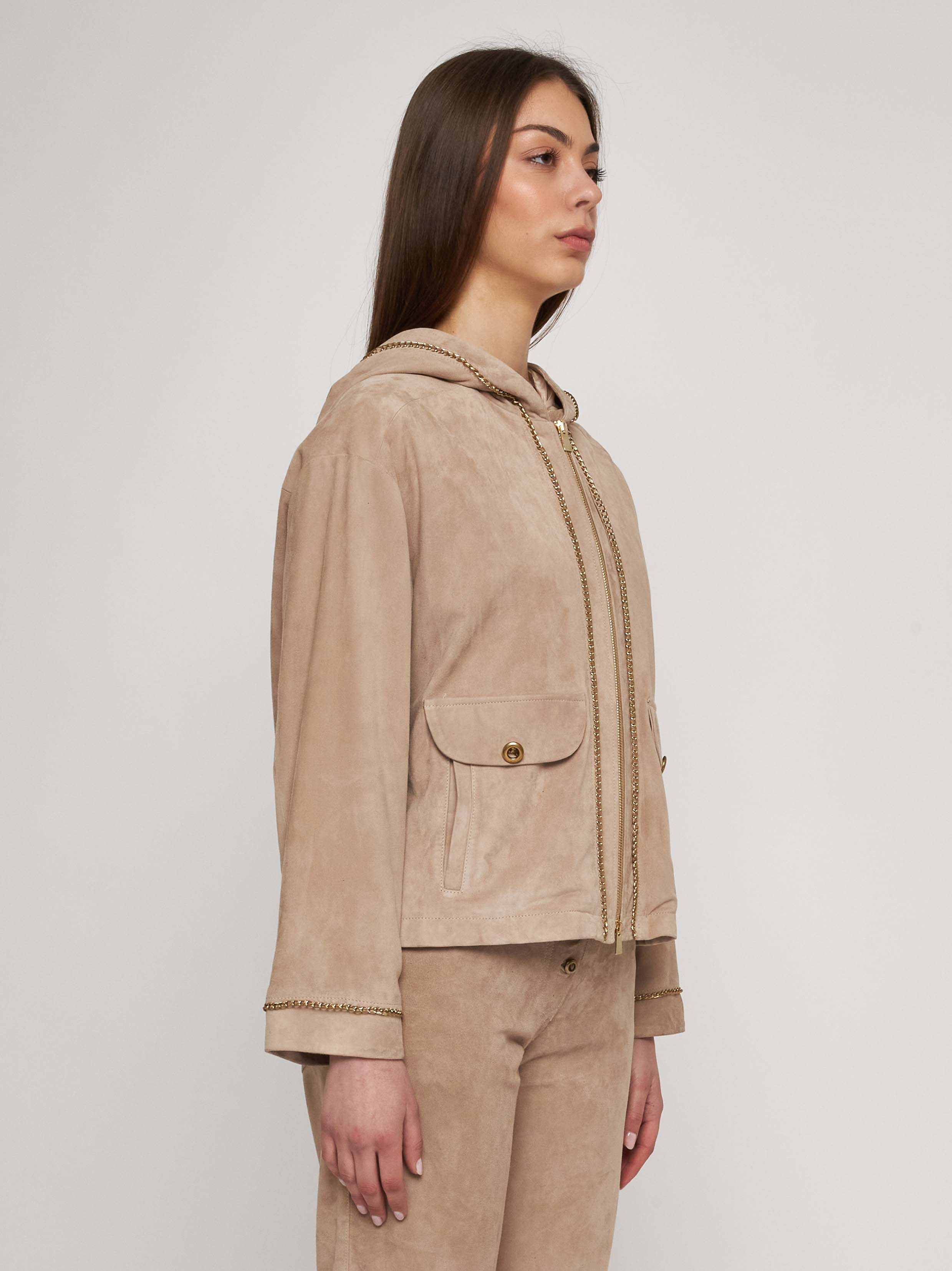 Soft Suede Hooded Blouson with Antique Gold Chains 33GB11-10201