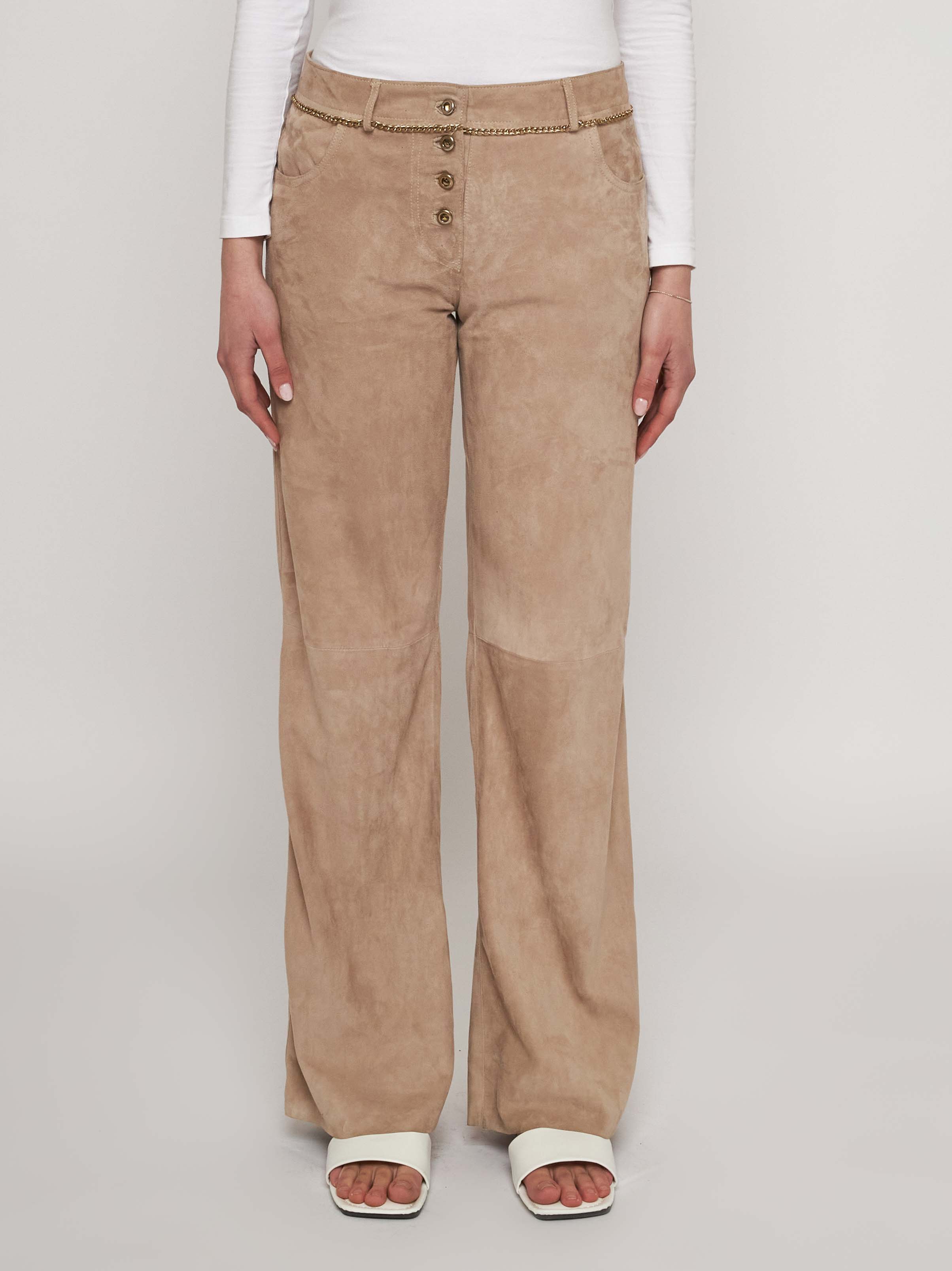 Soft suede trousers with antique gold chains 33PA03-10201