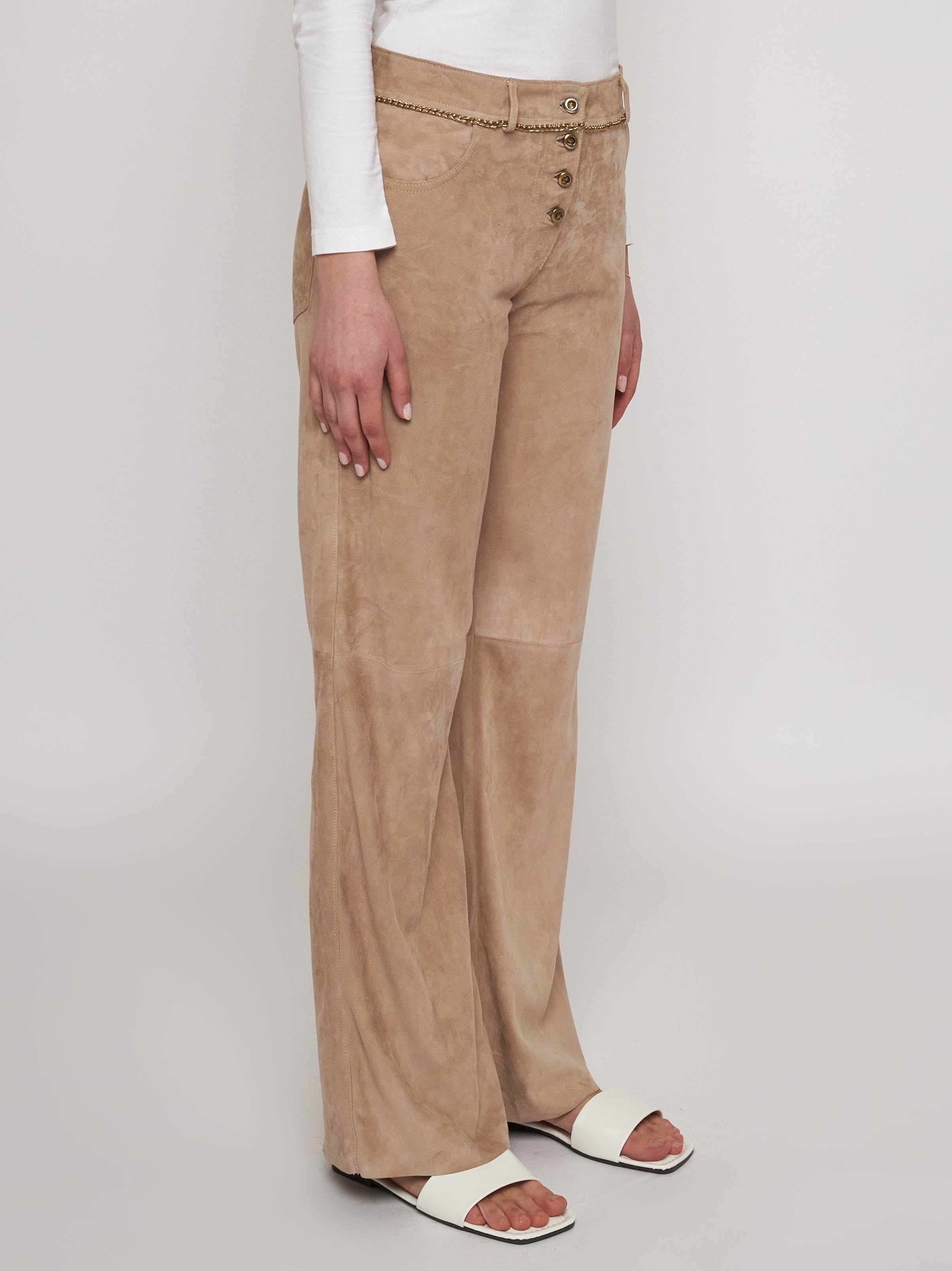 Soft suede trousers with antique gold chains 33PA03-10201