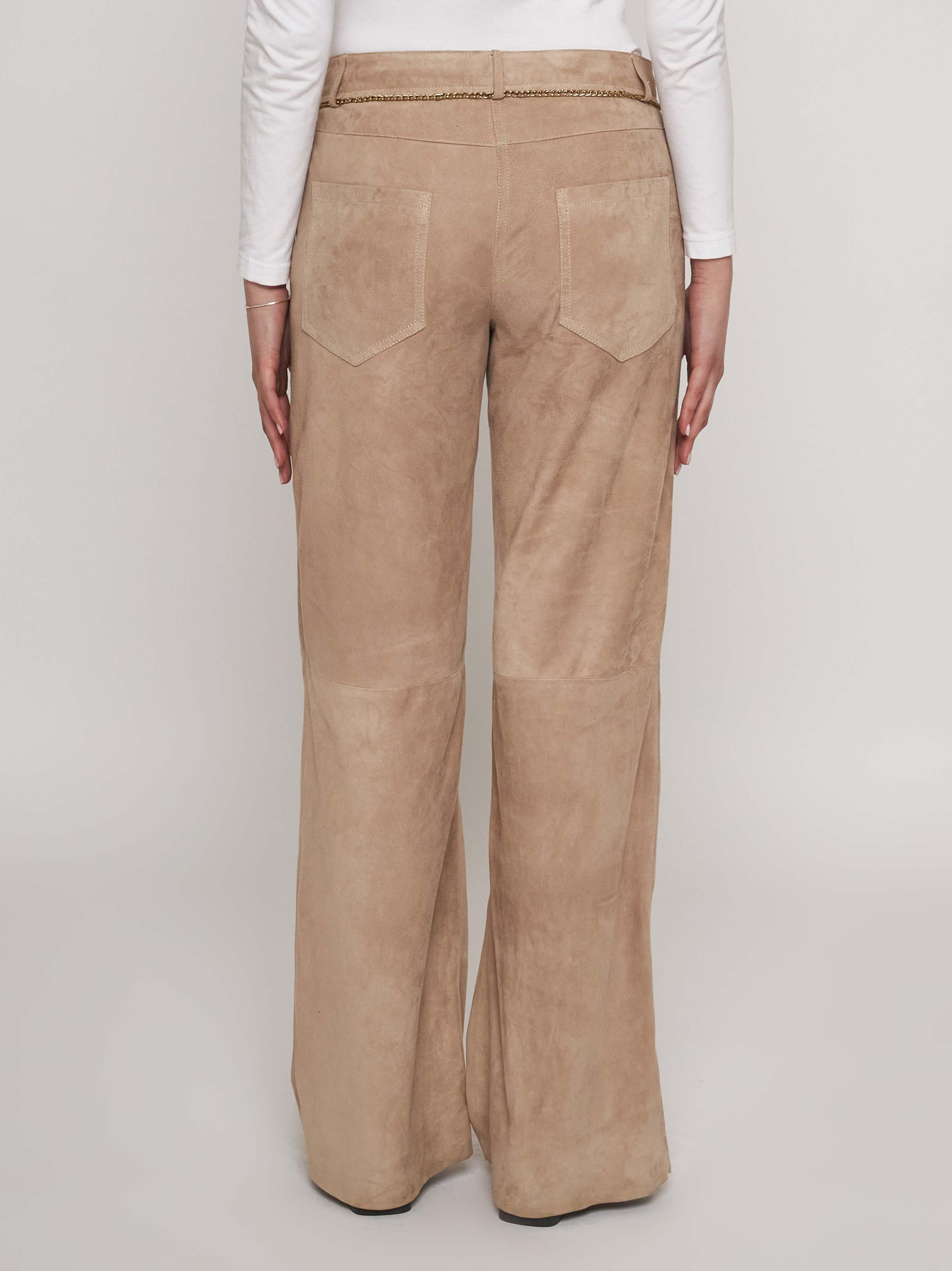 Soft suede trousers with antique gold chains 33PA03-10201