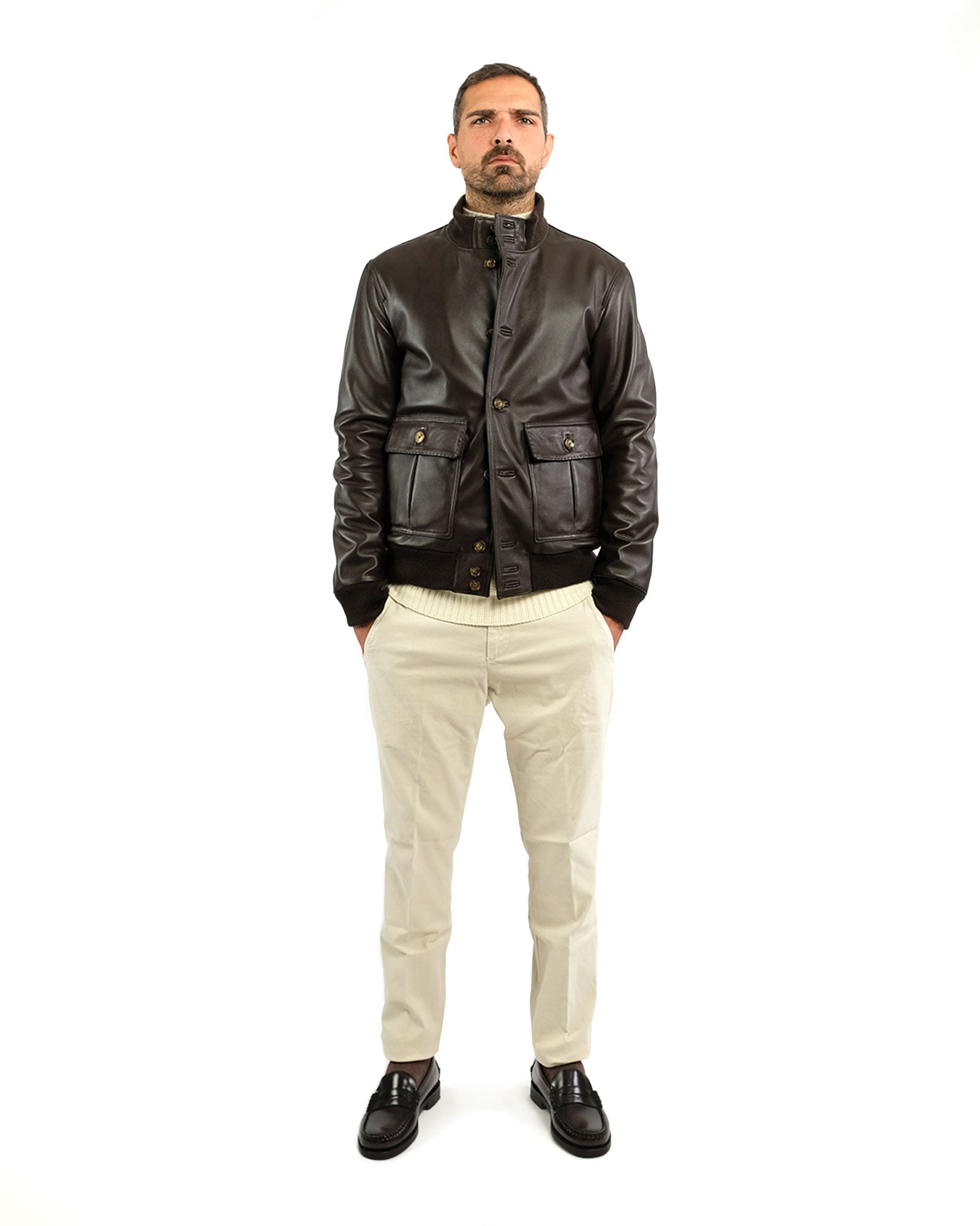 Bomber in morbida nappa testa di moro e cashmere 51274 -10101
