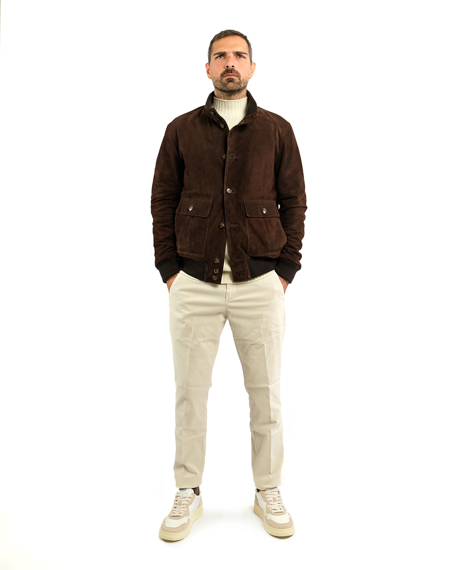 Bomber in morbido camoscio  testa di moro e cashmere  51274 -10201
