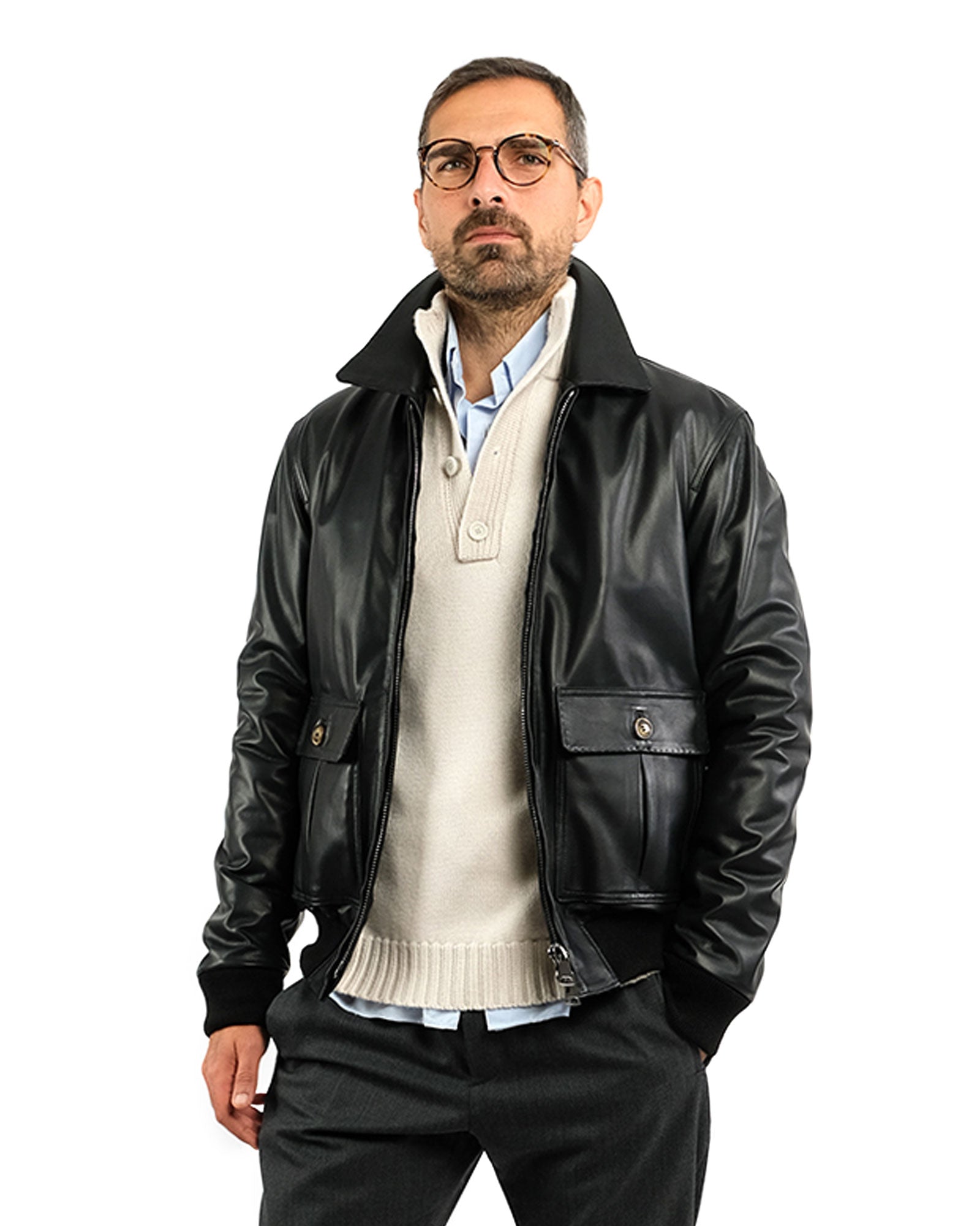 Bomber in soft black nappa and cashmere 51288 -10101
