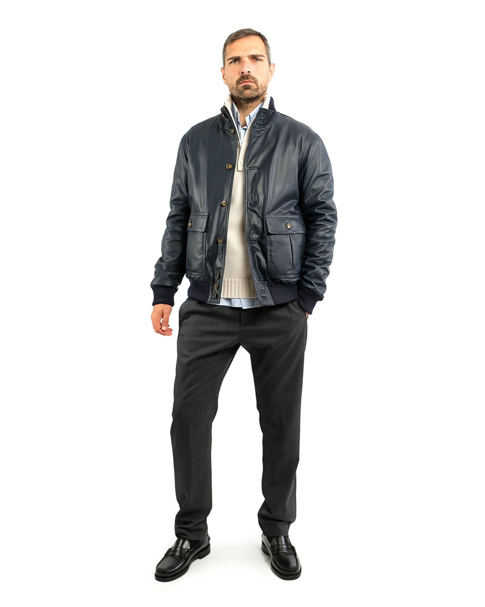 Bomber in morbida nappa blu e cashmere 51274 -10101