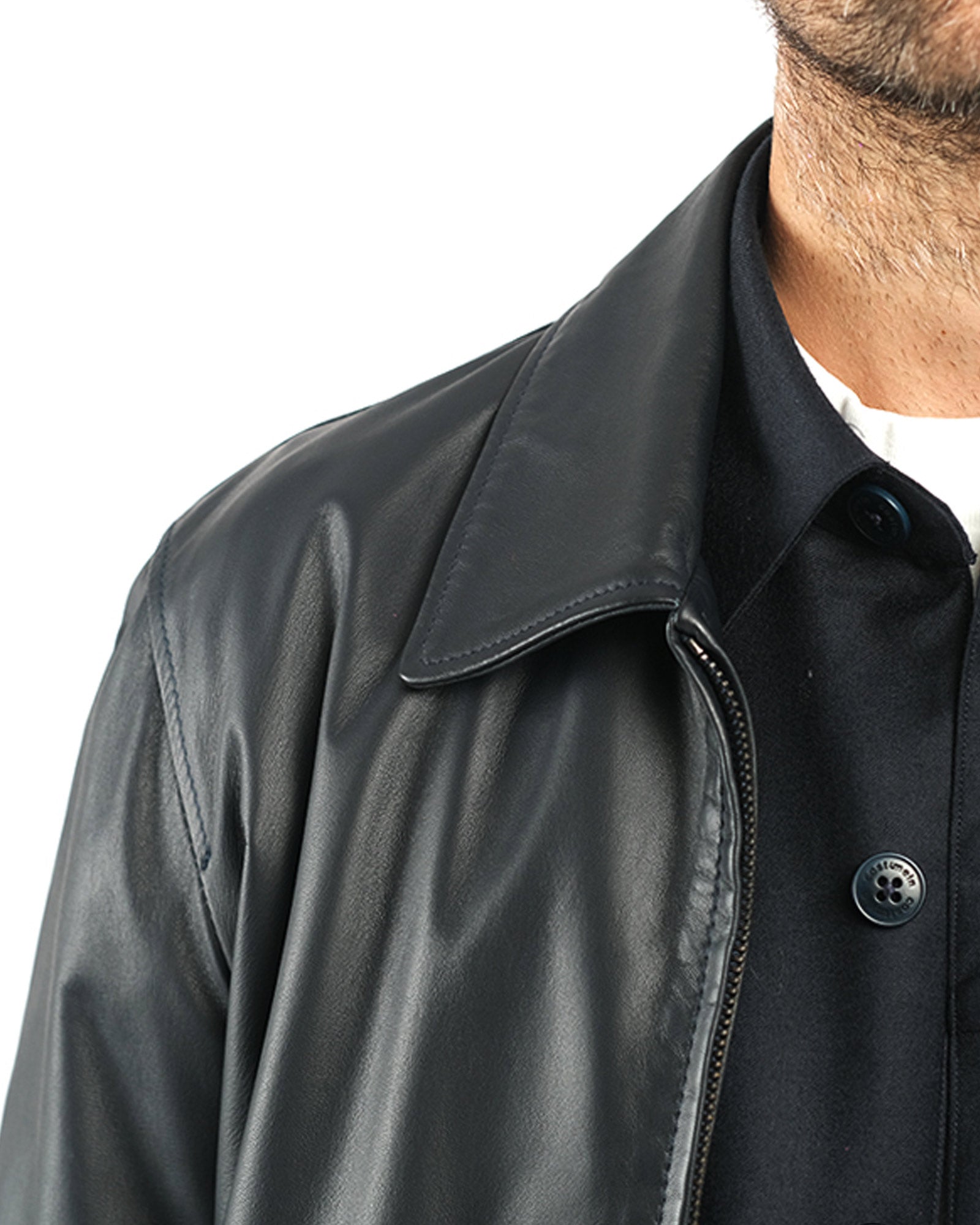 Bomber in nappa blu  con collo a camicia 51221B-10101