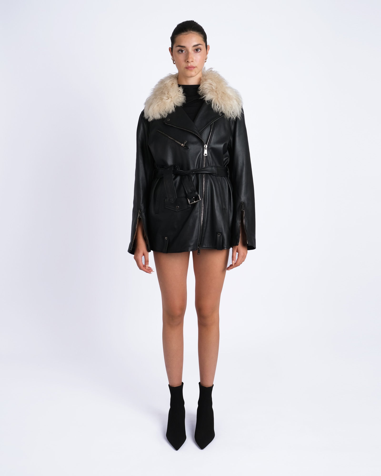 Classic nappa biker jacket with shearling collar