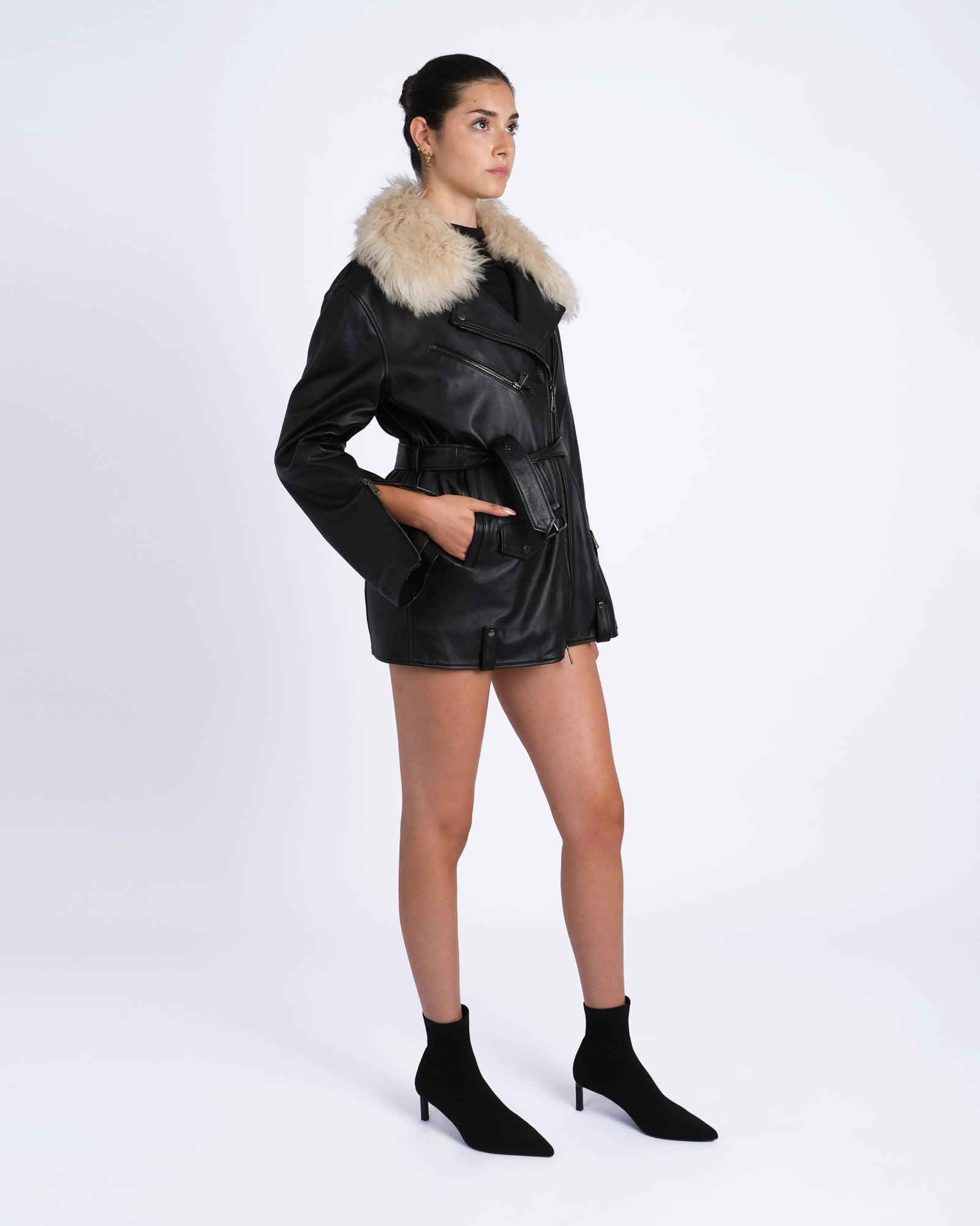 Classic nappa biker jacket with shearling collar