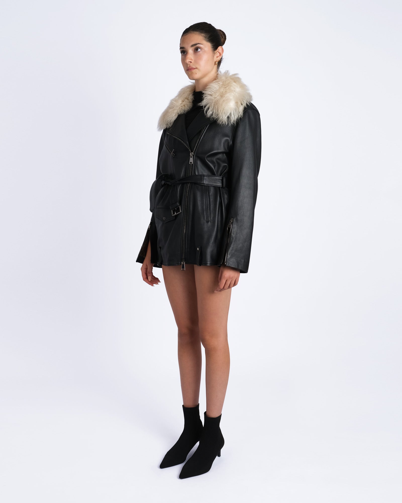 Classic nappa biker jacket with shearling collar