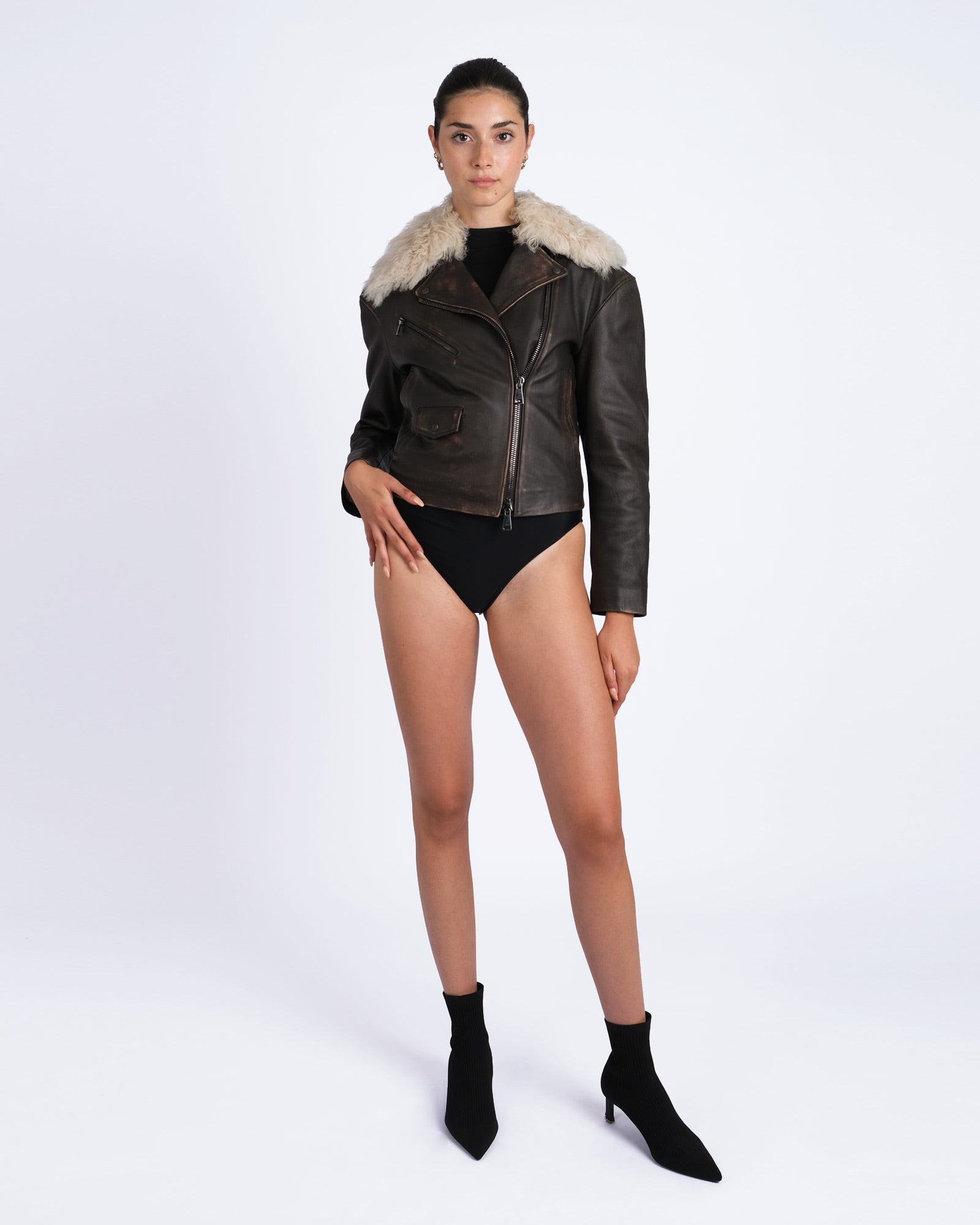 Biker in vintage effect nappa with shearling collar