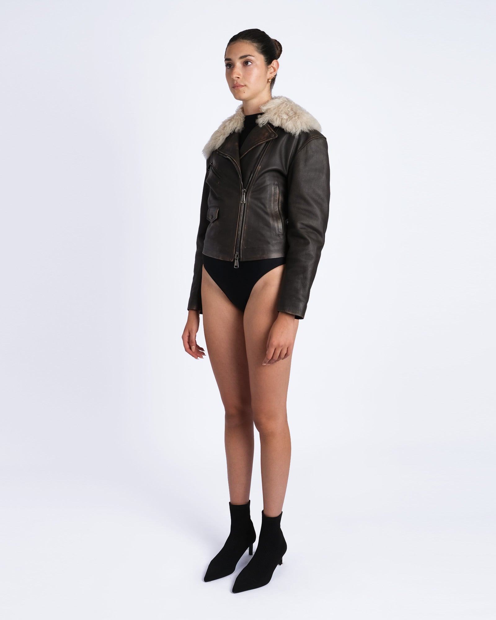Biker in vintage effect nappa with shearling collar