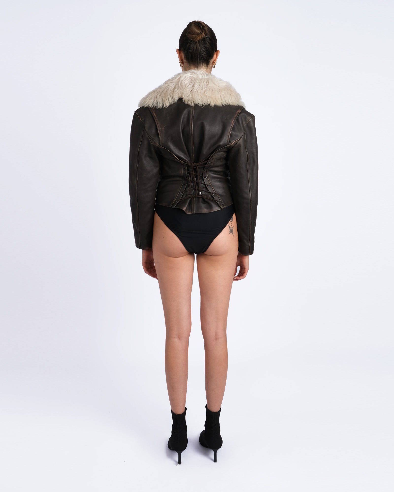 Biker in vintage effect nappa with shearling collar