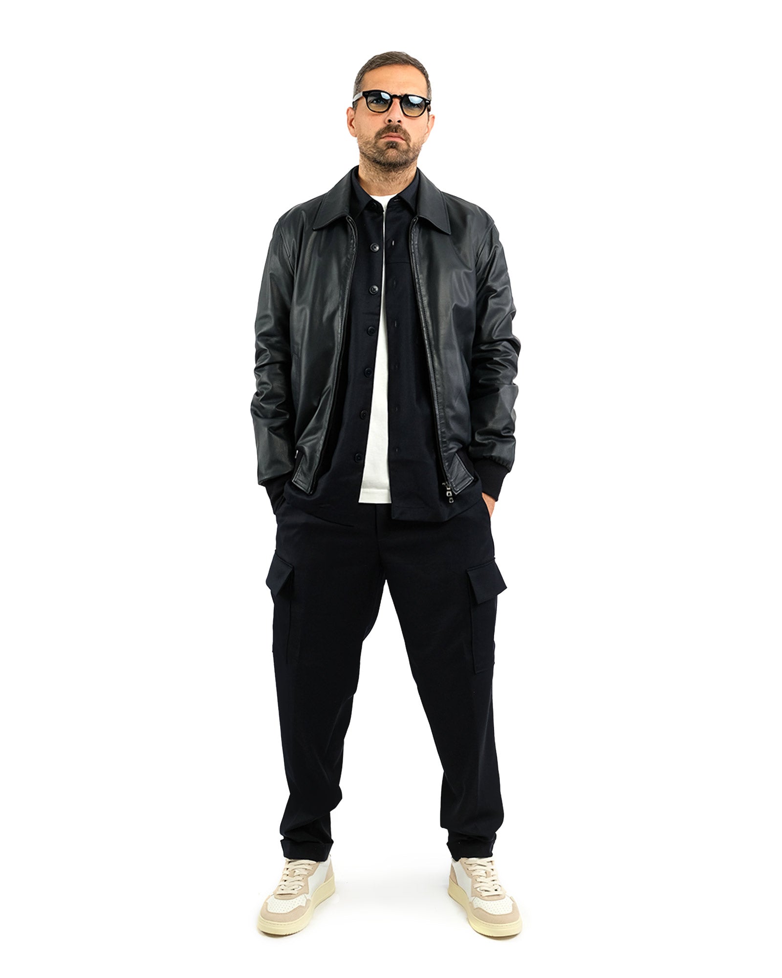 Bomber in nappa blu  con collo a camicia 51221B-10101
