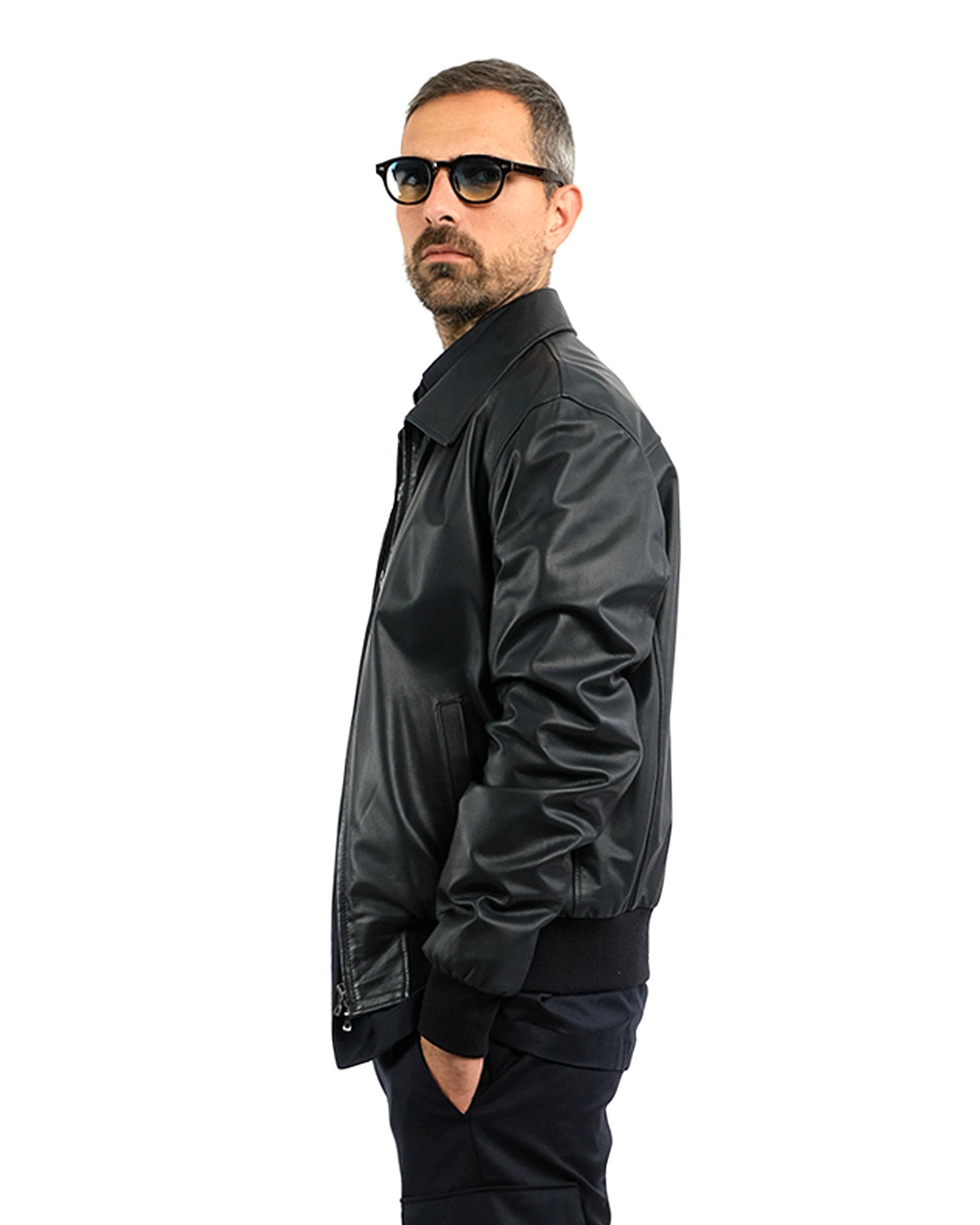 Bomber in nappa blu  con collo a camicia 51221B-10101