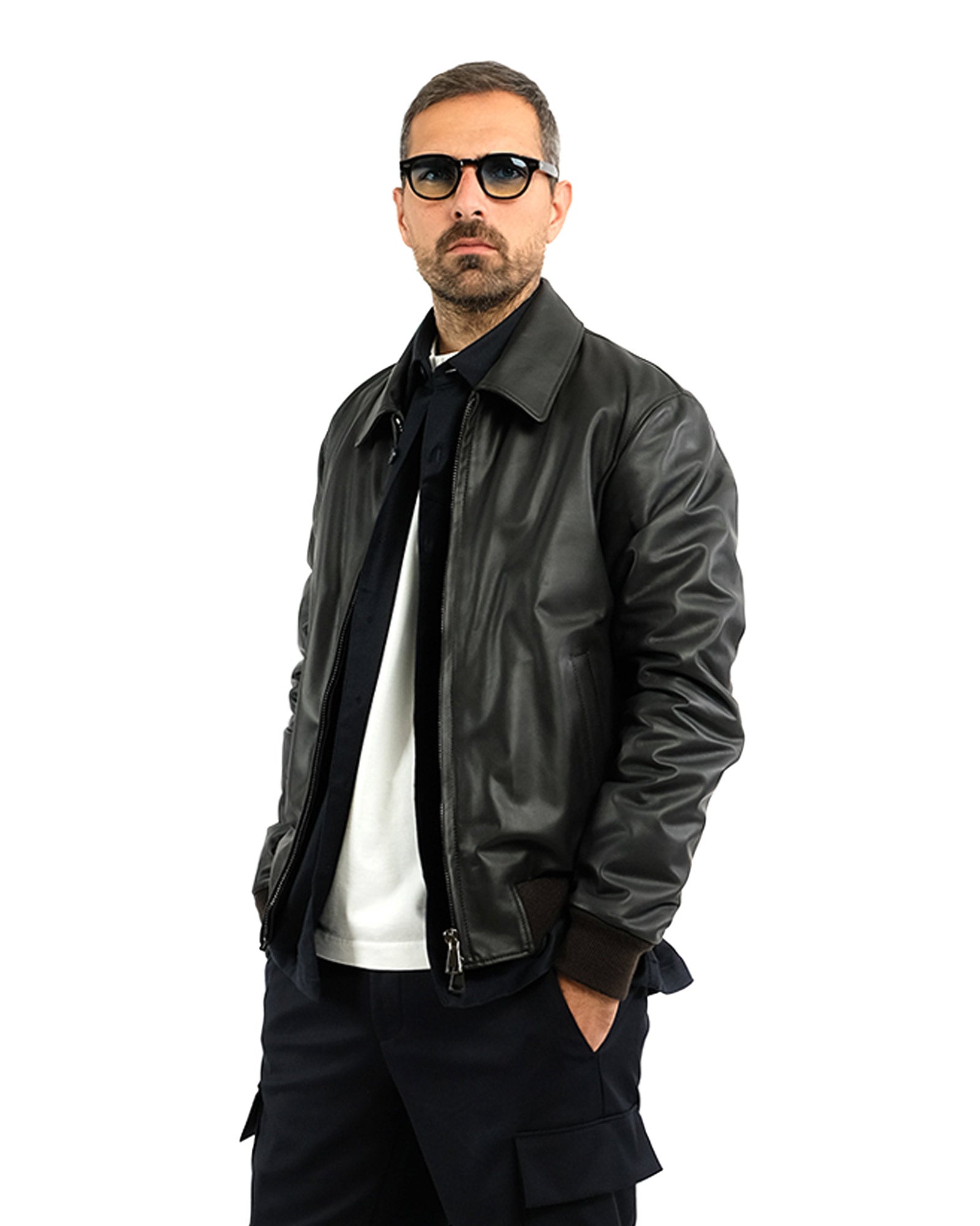 Bomber in nappa testa di moro con collo a camicia 51221B-10101