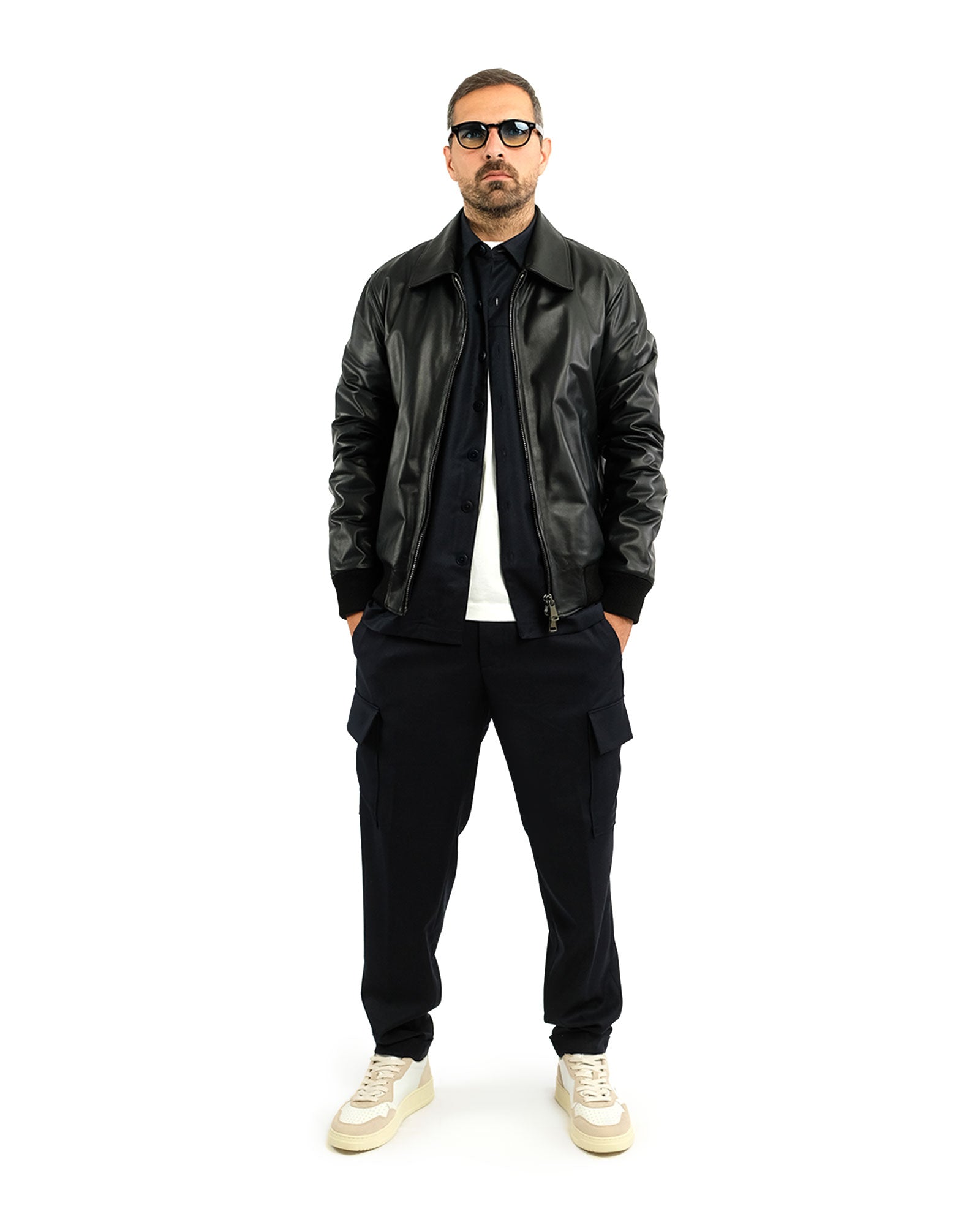 Bomber in nappa nera  con collo a camicia 51221B-10101