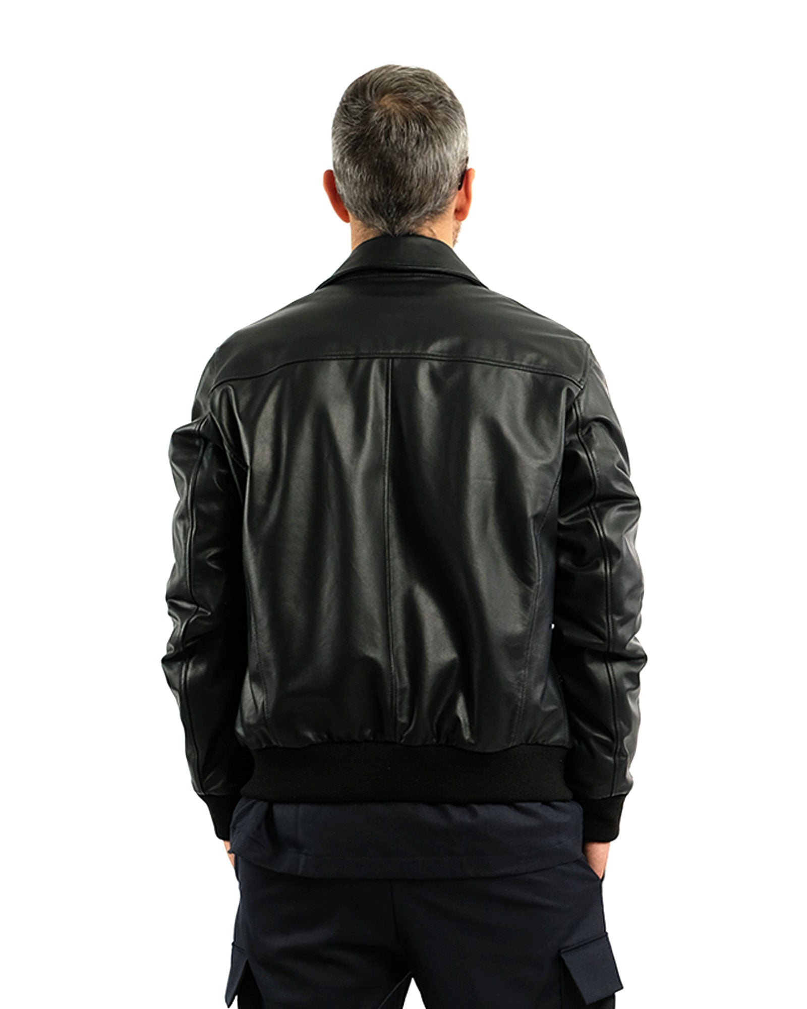 Bomber in nappa nera  con collo a camicia 51221B-10101