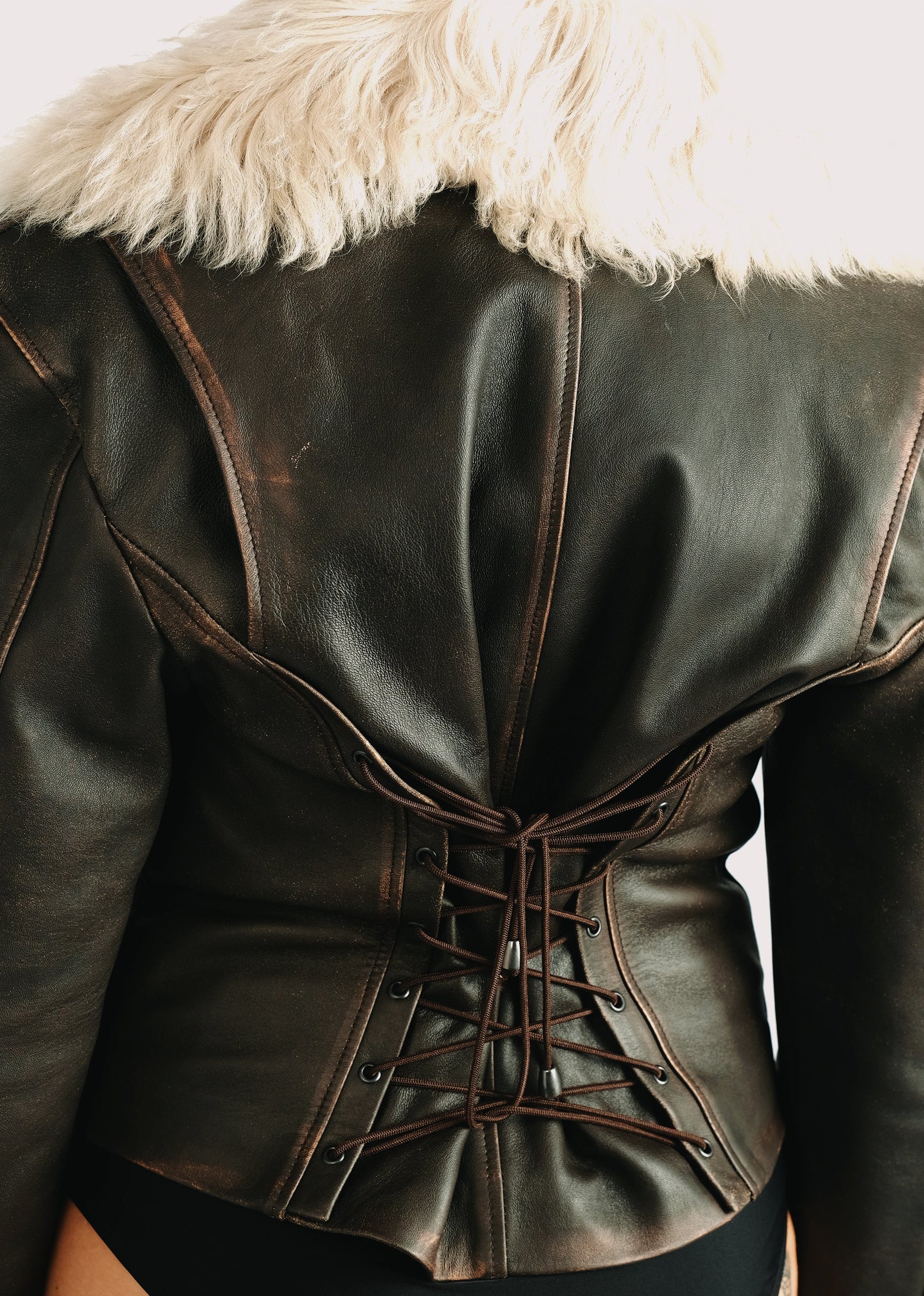 Biker in vintage effect nappa with shearling collar