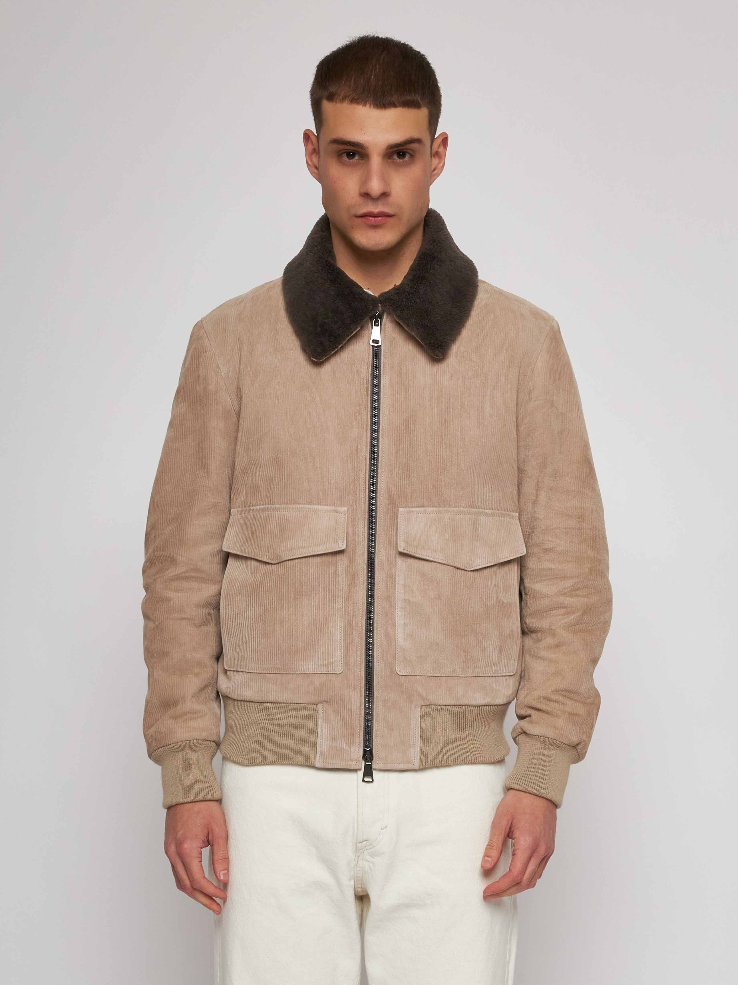 Blouson  in camoscio  stampa a righe con collo in montone 51283-10202/14