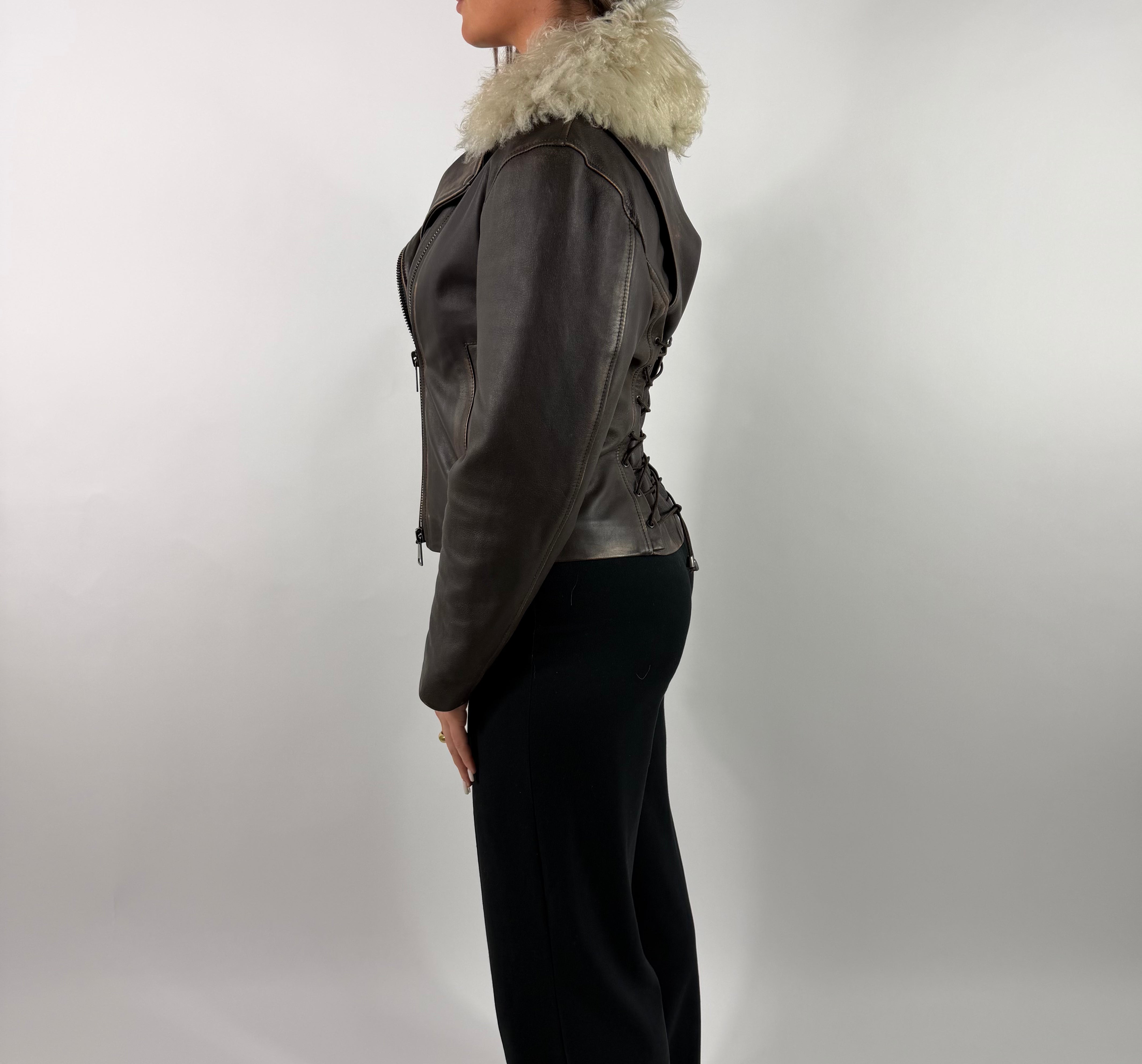 Biker in vintage effect nappa with shearling collar