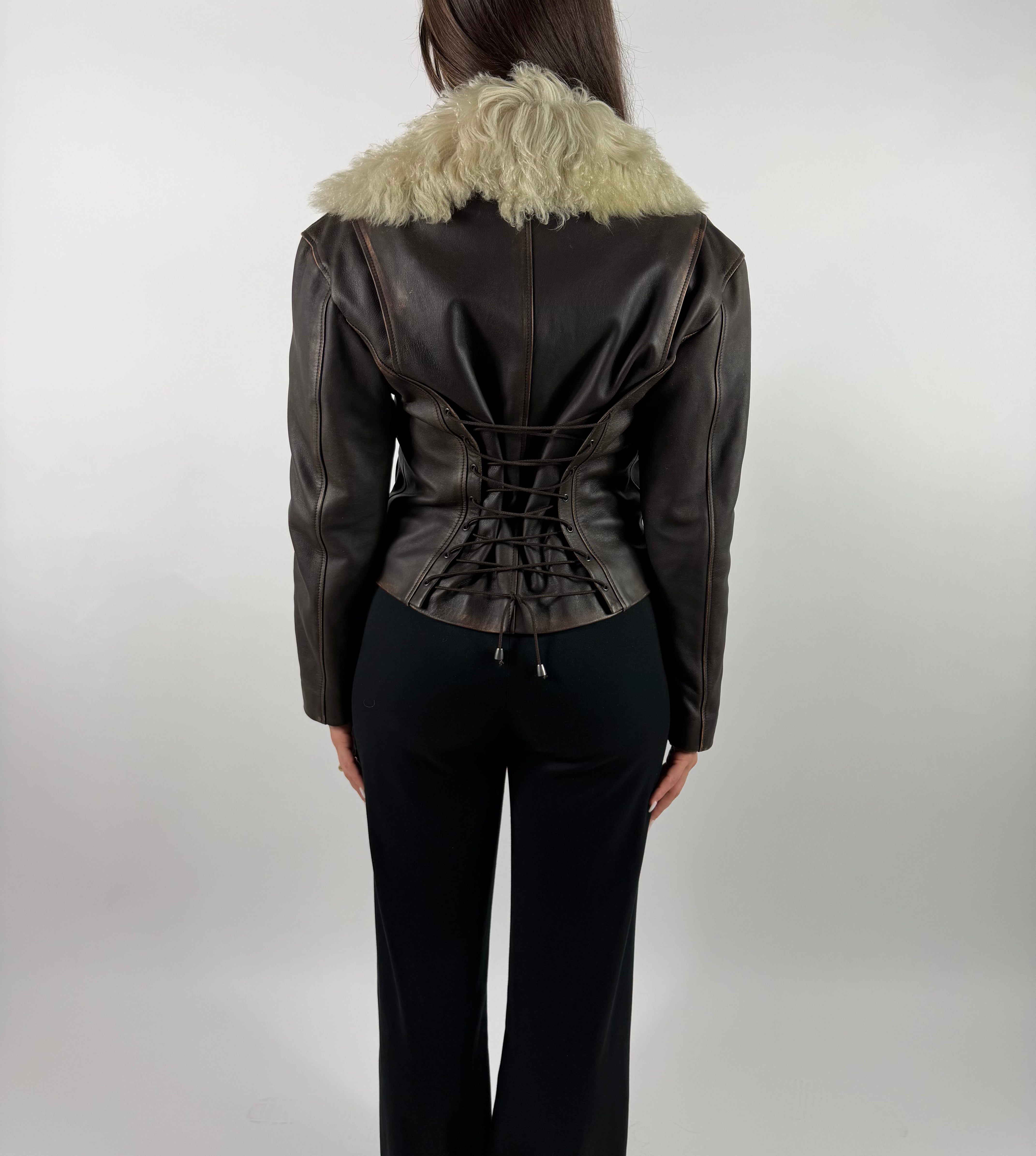 Biker in vintage effect nappa with shearling collar